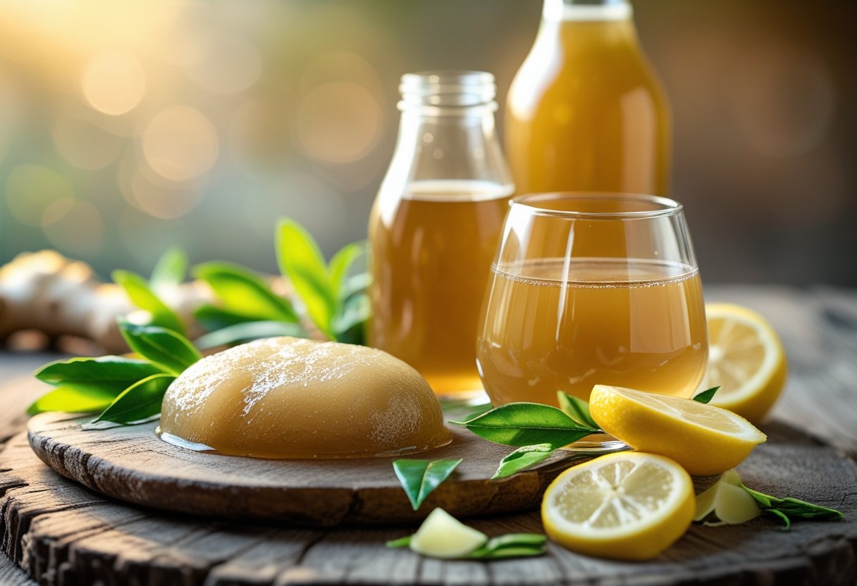 Glasflasche_und_Glas_Kombucha_auf_Holzuntergrund